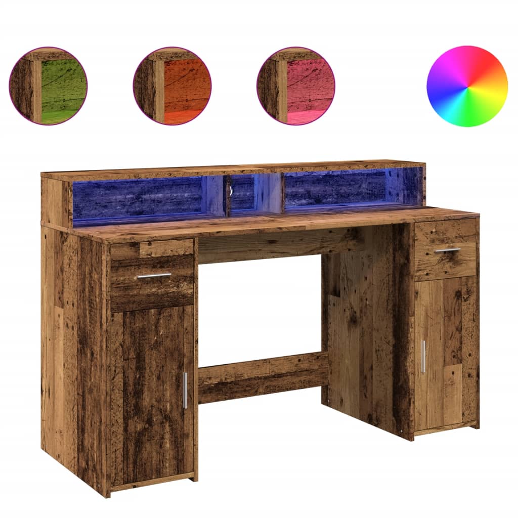 Skrivebord med LED-lys gammelt tre 140x55x91 cm konstruert tre