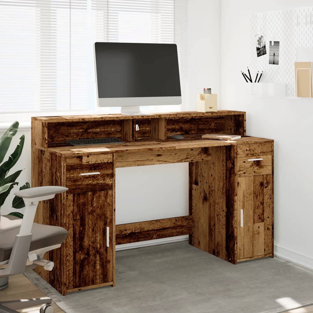 Skrivebord med LED-lys gammelt tre 140x55x91 cm konstruert tre