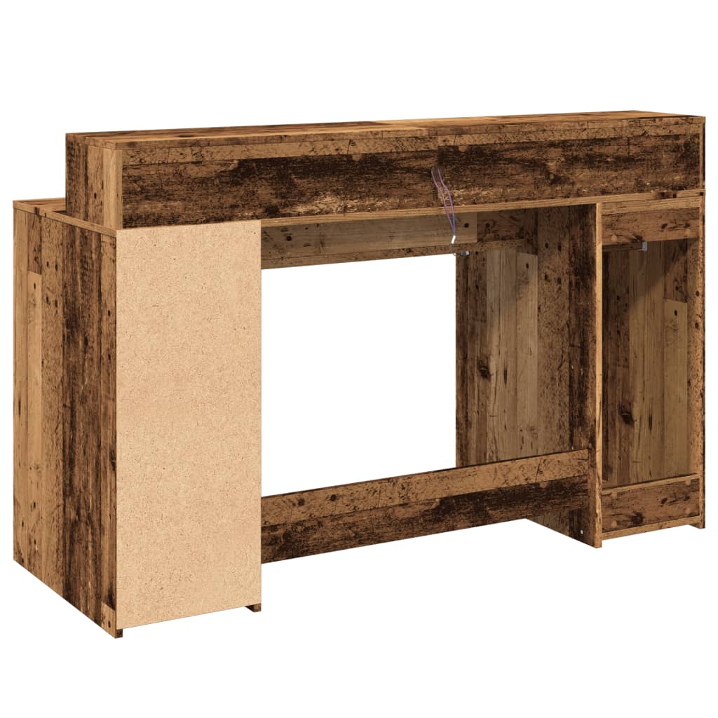 Skrivebord med LED-lys gammelt tre 140x55x91 cm konstruert tre
