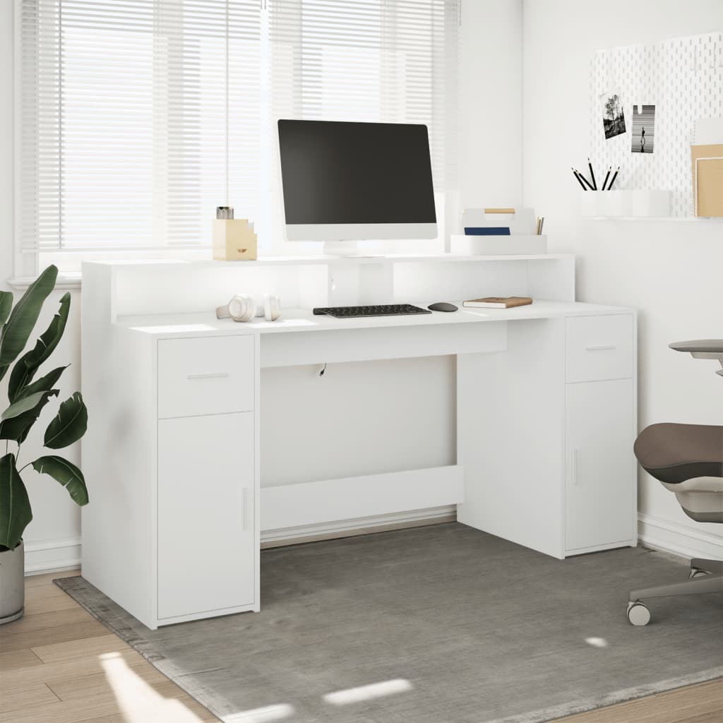 Skrivebord med LED-lys hvit 160x55x91 cm konstruert tre