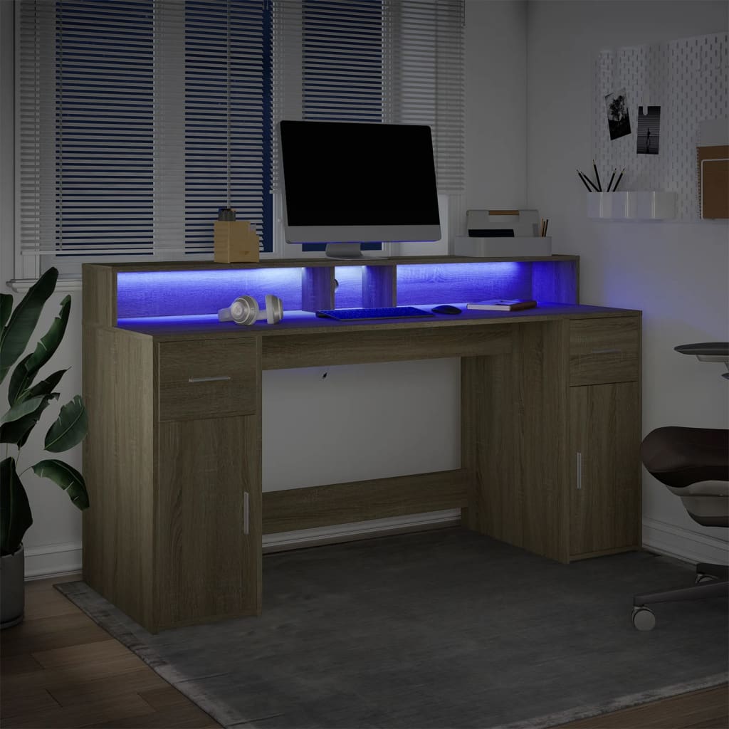 Skrivebord med LED-lys sonoma eik 160x55x91 cm konstruert tre