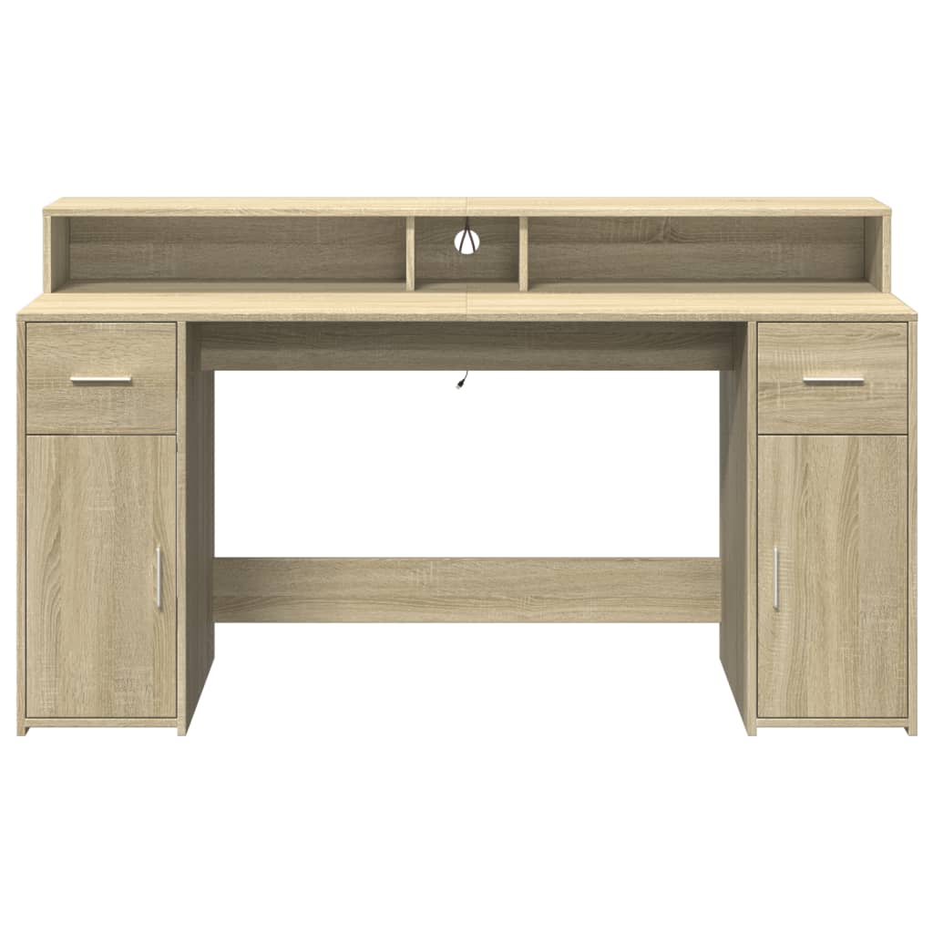 Skrivebord med LED-lys sonoma eik 160x55x91 cm konstruert tre