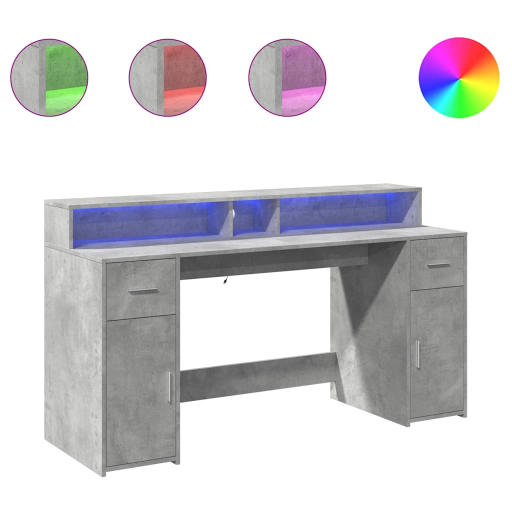 Skrivebord med LED-lys betonggrå 160x55x91 cm konstruert tre