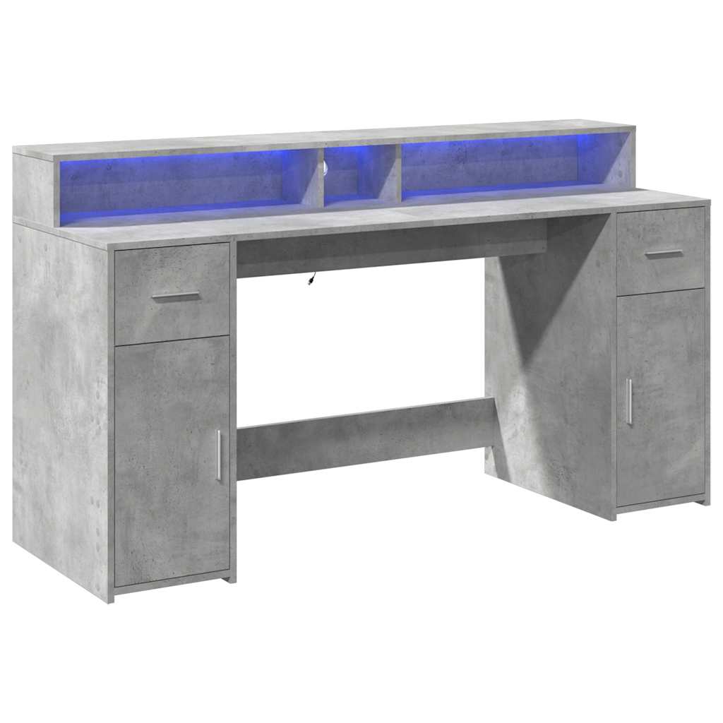 Skrivebord med LED-lys betonggrå 160x55x91 cm konstruert tre