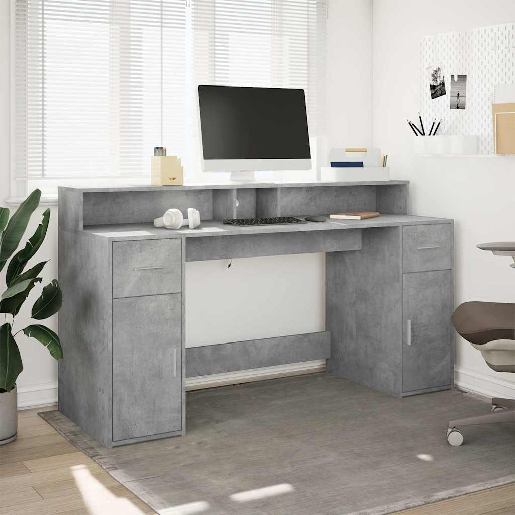 Skrivebord med LED-lys betonggrå 160x55x91 cm konstruert tre