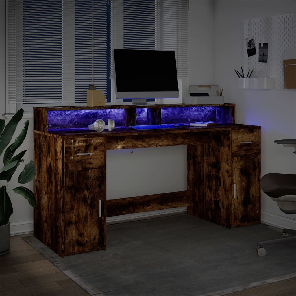 Skrivebord med LED-lys røkt eik 160x55x91 cm konstruert tre