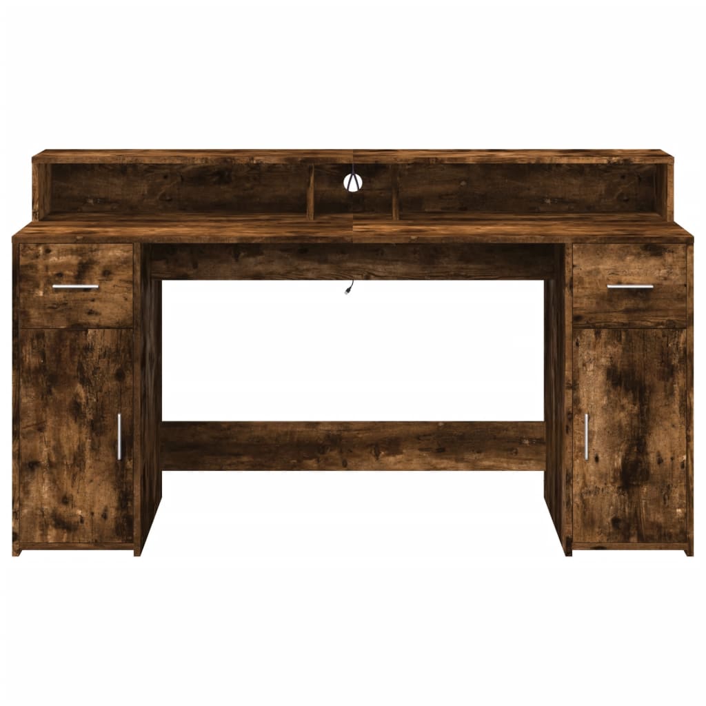 Skrivebord med LED-lys røkt eik 160x55x91 cm konstruert tre