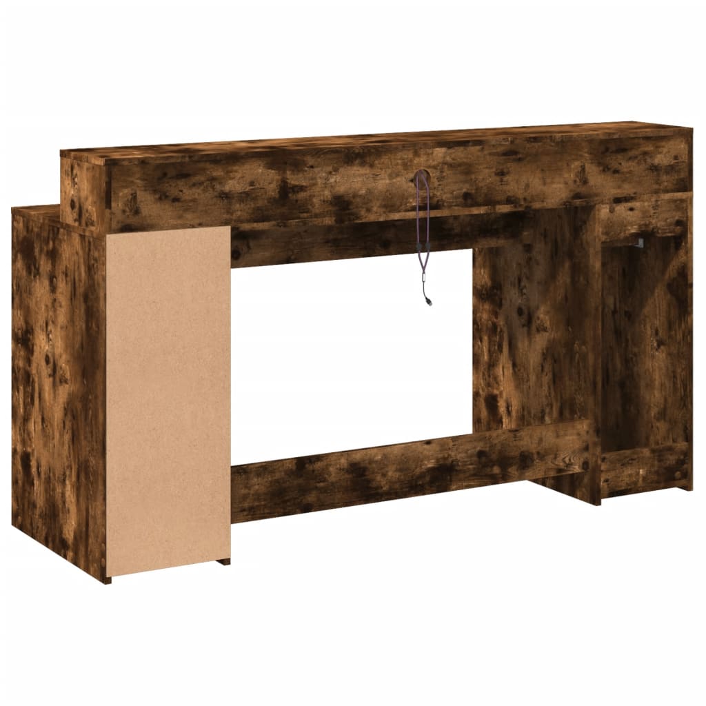 Skrivebord med LED-lys røkt eik 160x55x91 cm konstruert tre