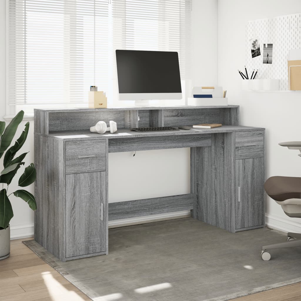 Skrivebord med LED-lys grå sonoma 160x55x91 cm konstruert tre