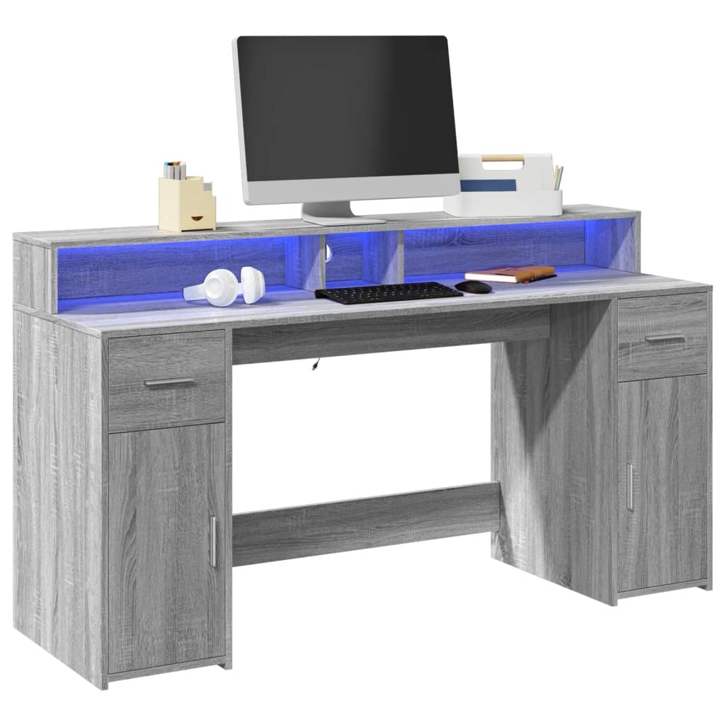 Skrivebord med LED-lys grå sonoma 160x55x91 cm konstruert tre