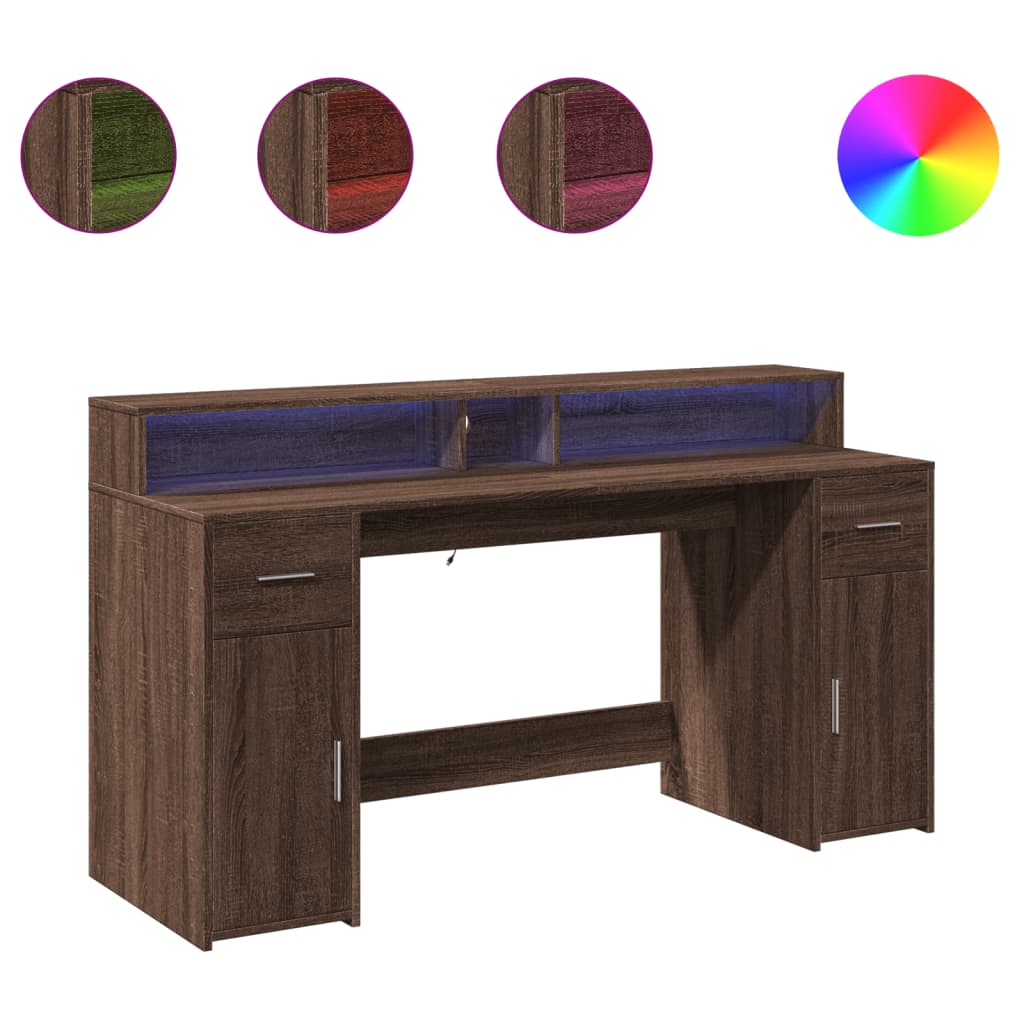 Skrivebord med LED-lys brun eik 160x55x91 cm konstruert tre