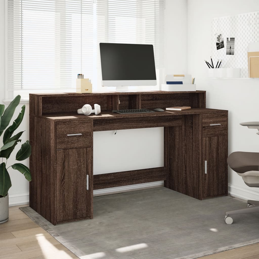 Skrivebord med LED-lys brun eik 160x55x91 cm konstruert tre