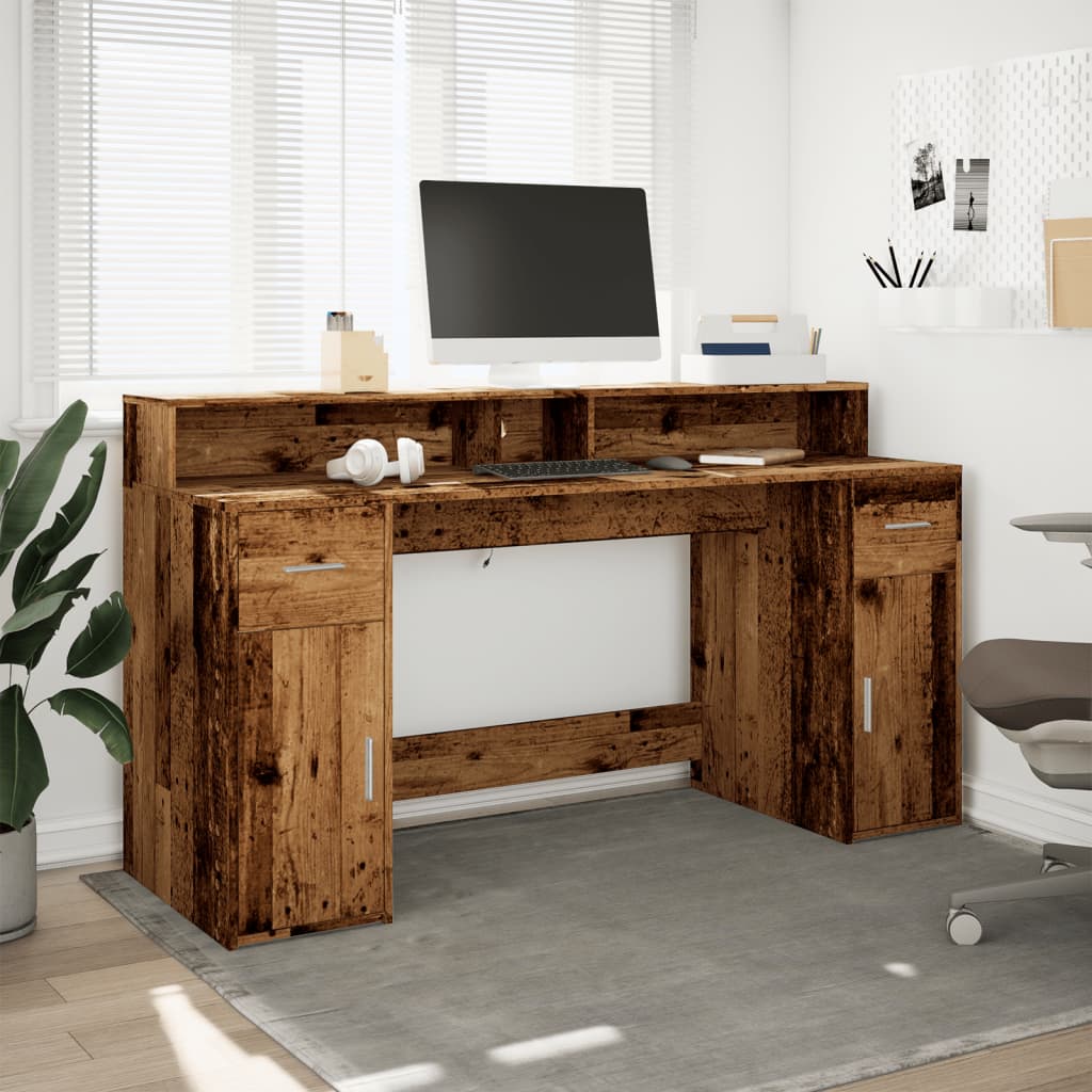Skrivebord med LED-lys gammelt tre 160x55x91 cm konstruert tre