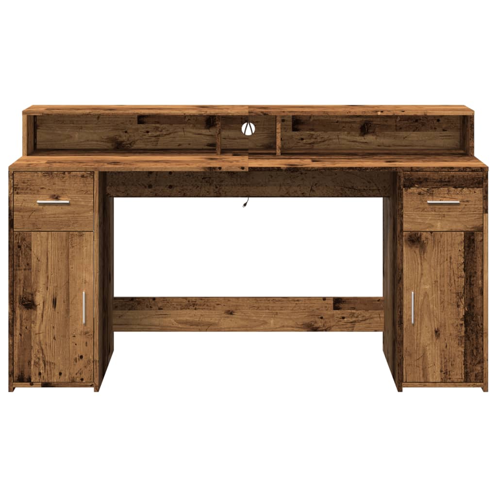 Skrivebord med LED-lys gammelt tre 160x55x91 cm konstruert tre