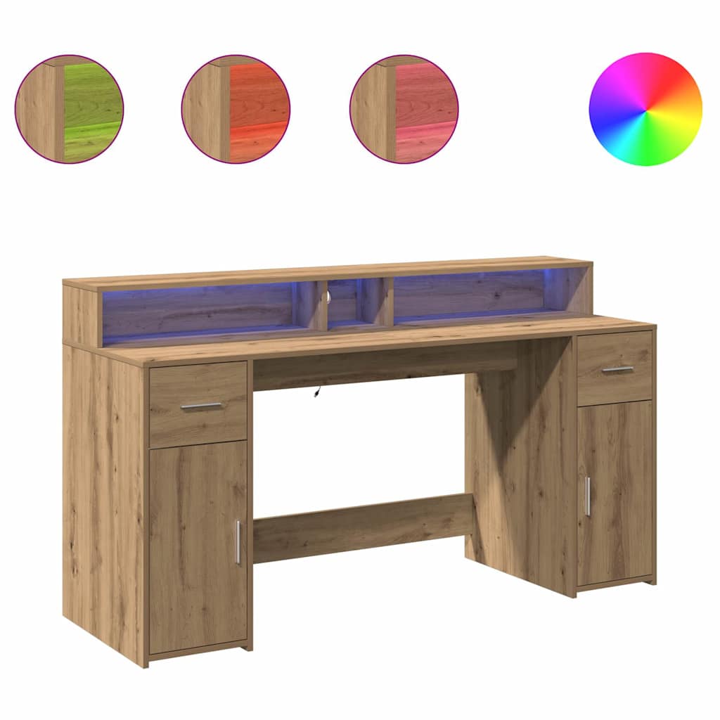 Skrivebord med LED-lys artisan eik 160x55x91 cm konstruert tre