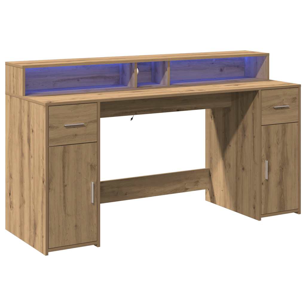 Skrivebord med LED-lys artisan eik 160x55x91 cm konstruert tre