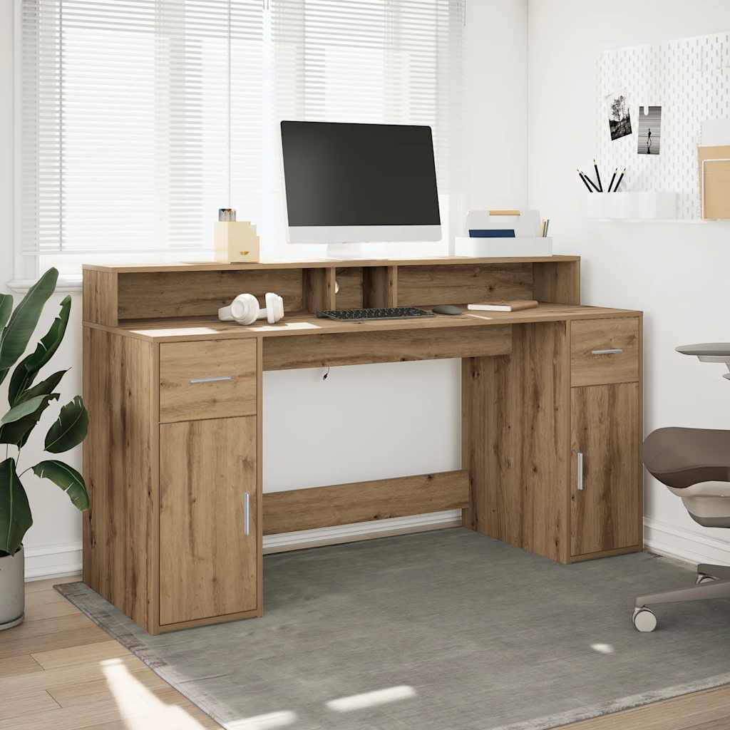 Skrivebord med LED-lys artisan eik 160x55x91 cm konstruert tre