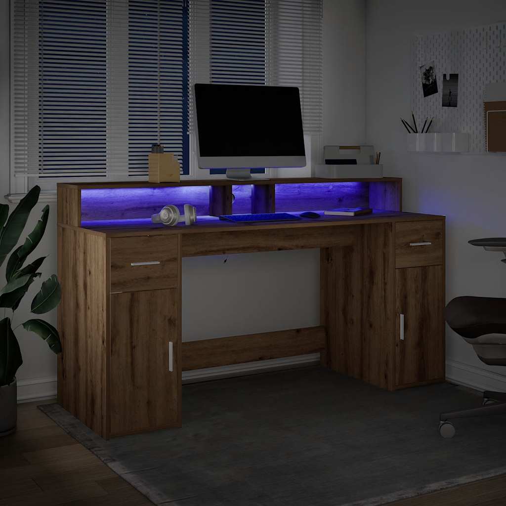 Skrivebord med LED-lys artisan eik 160x55x91 cm konstruert tre
