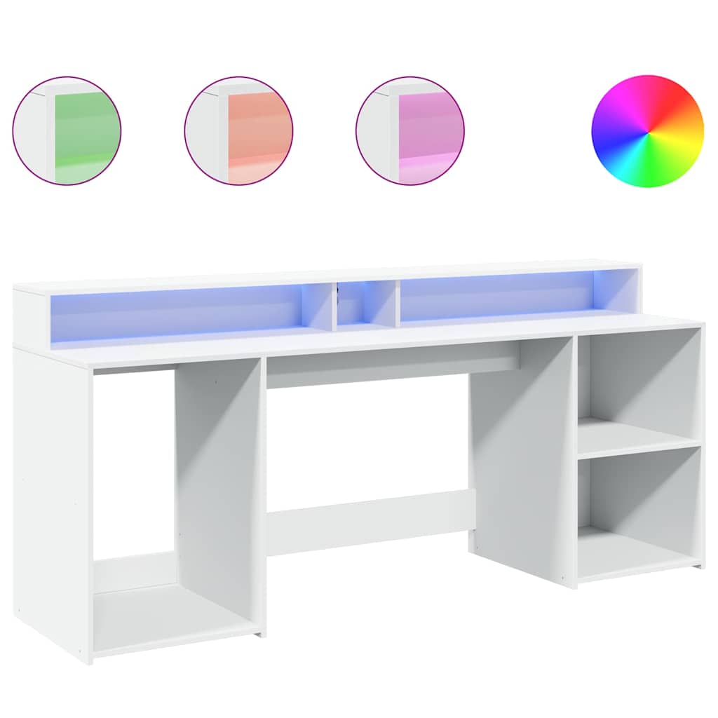 Skrivebord med LED-lys hvit 200x55x91 cm konstruert tre