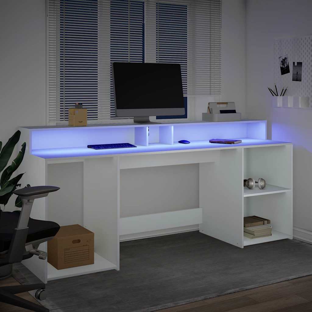 Skrivebord med LED-lys hvit 200x55x91 cm konstruert tre