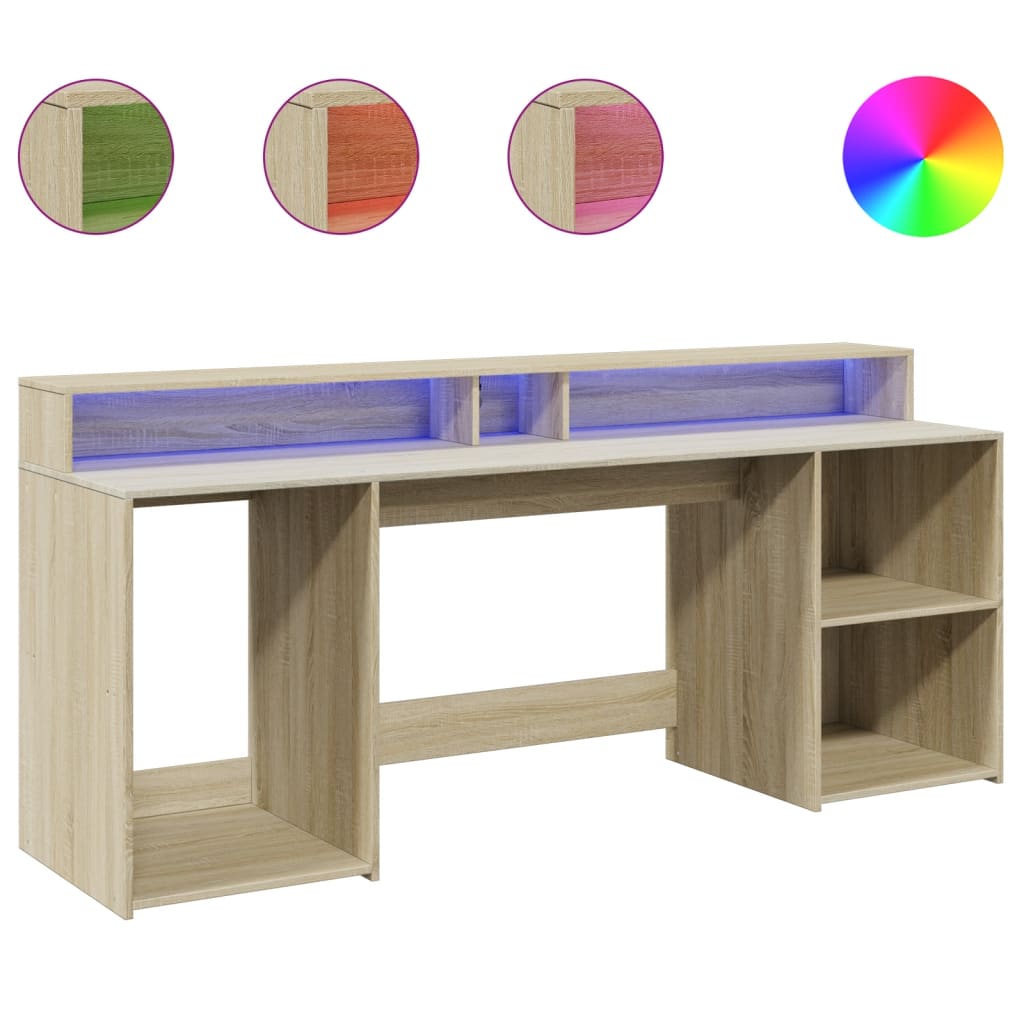 Skrivebord med LED-lys sonoma eik 200x55x91 cm konstruert tre