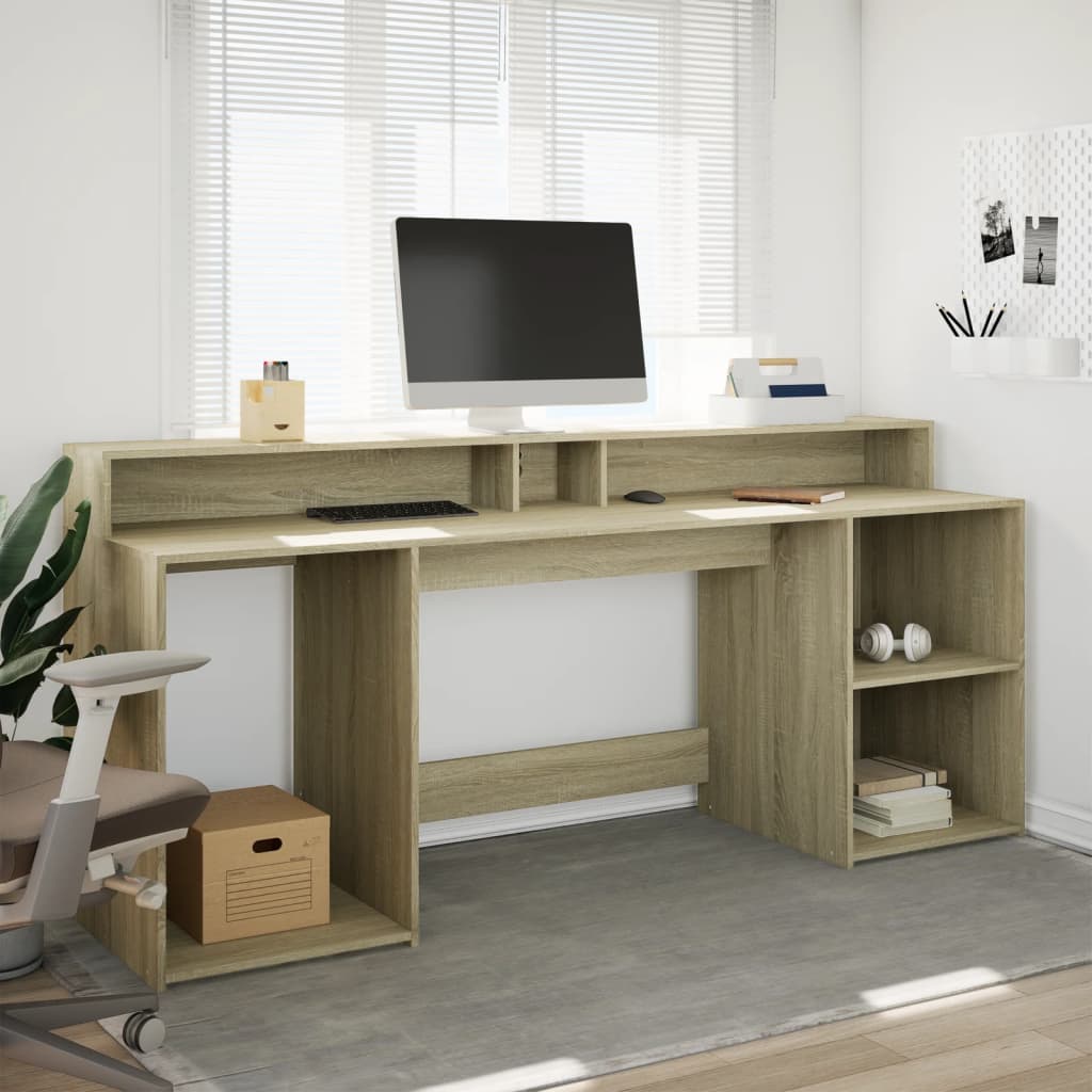 Skrivebord med LED-lys sonoma eik 200x55x91 cm konstruert tre