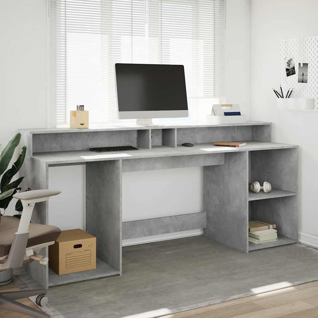 Skrivebord med LED-lys betonggrå 200x55x91 cm konstruert tre