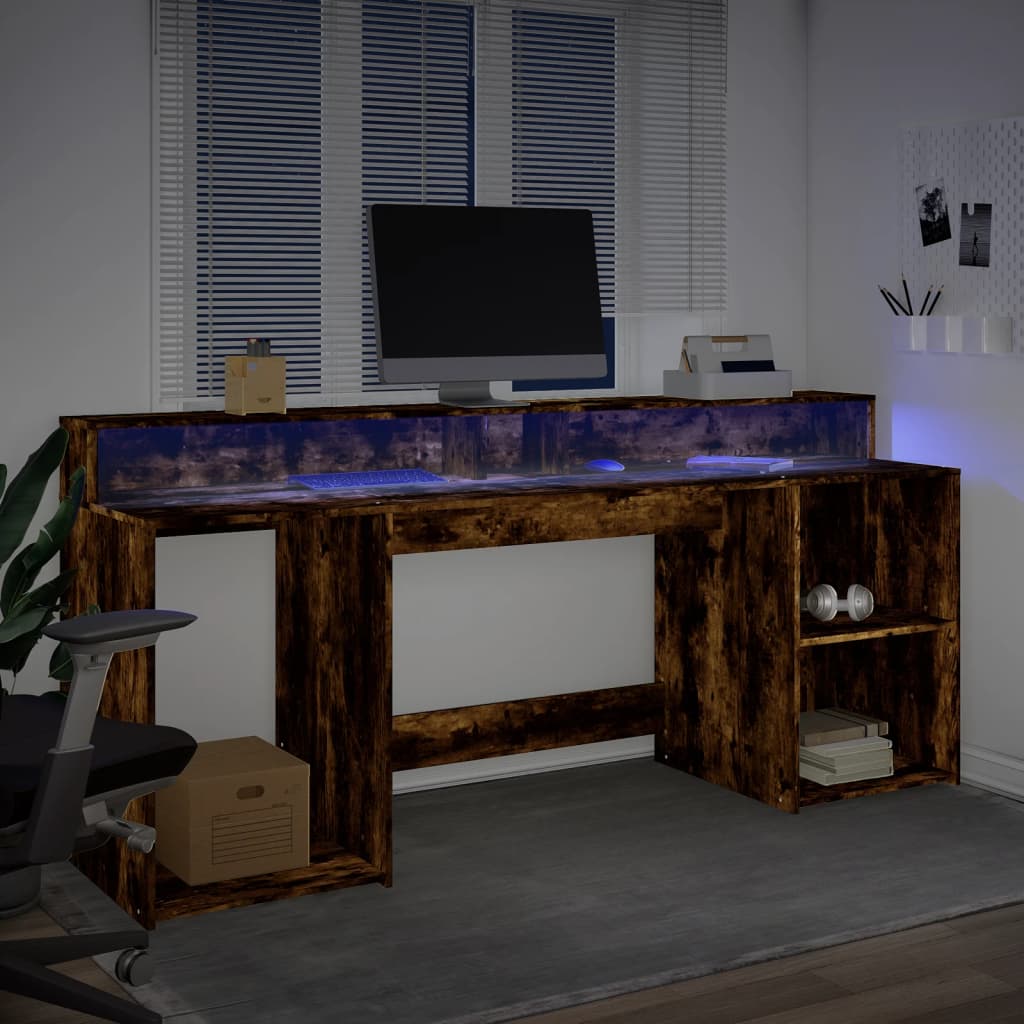 Skrivebord med LED-lys røkt eik 200x55x91 cm konstruert tre