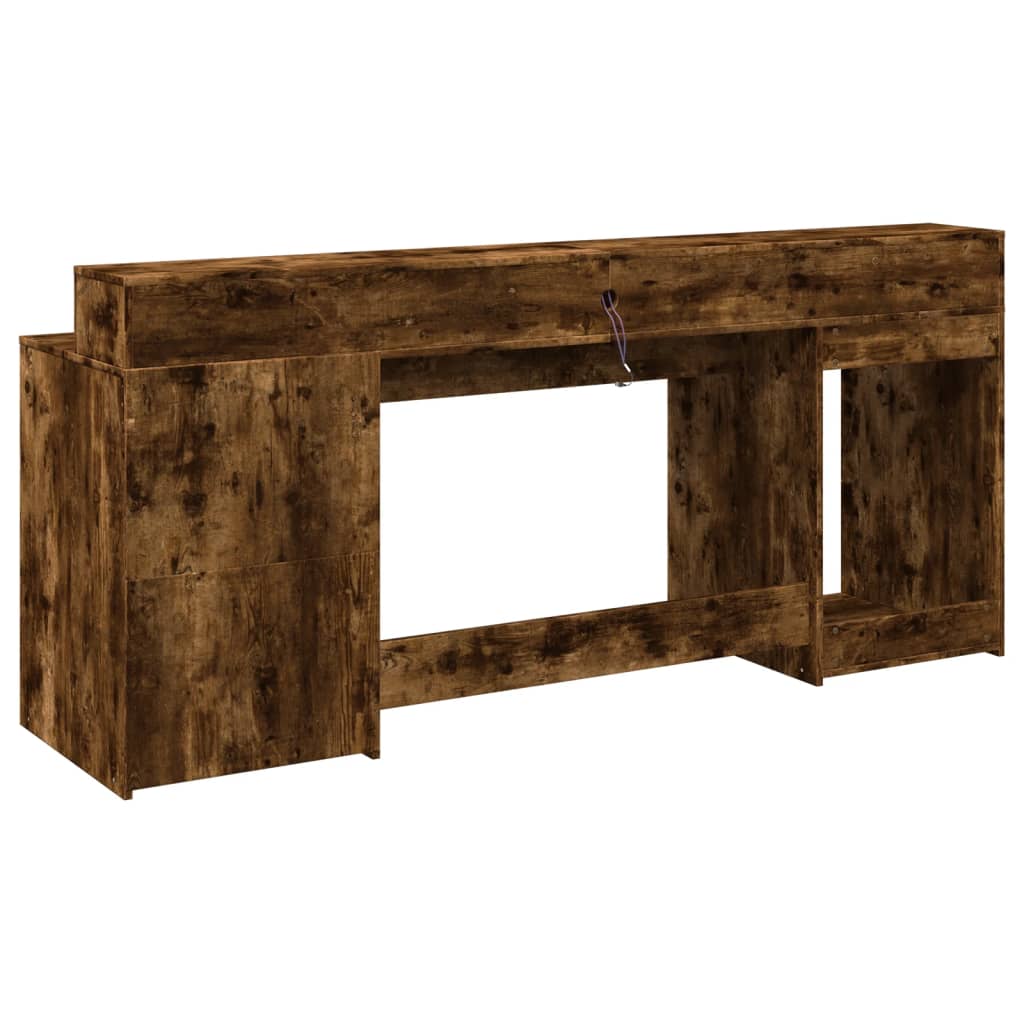 Skrivebord med LED-lys røkt eik 200x55x91 cm konstruert tre