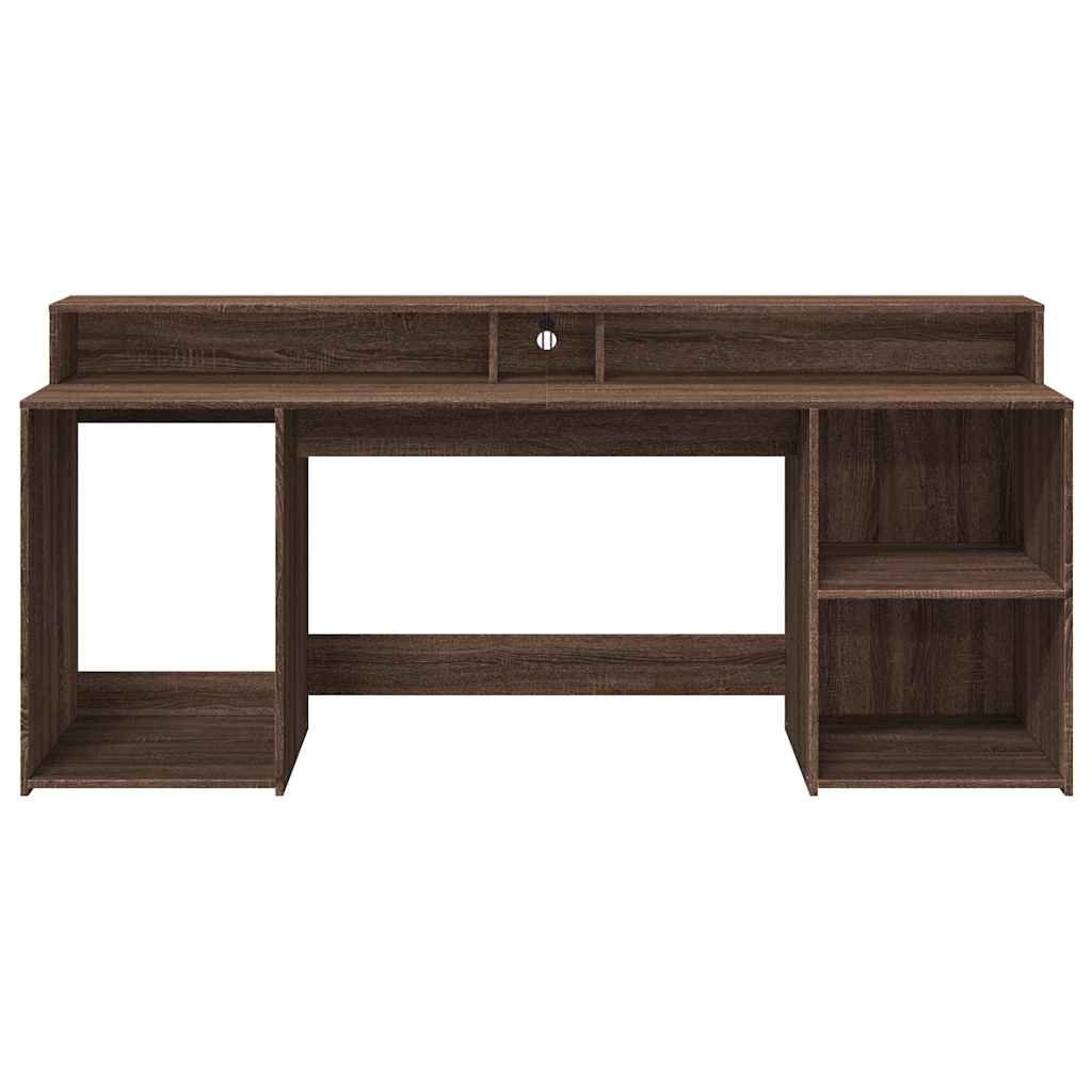 Skrivebord med LED-lys brun eik 200x55x91 cm konstruert tre