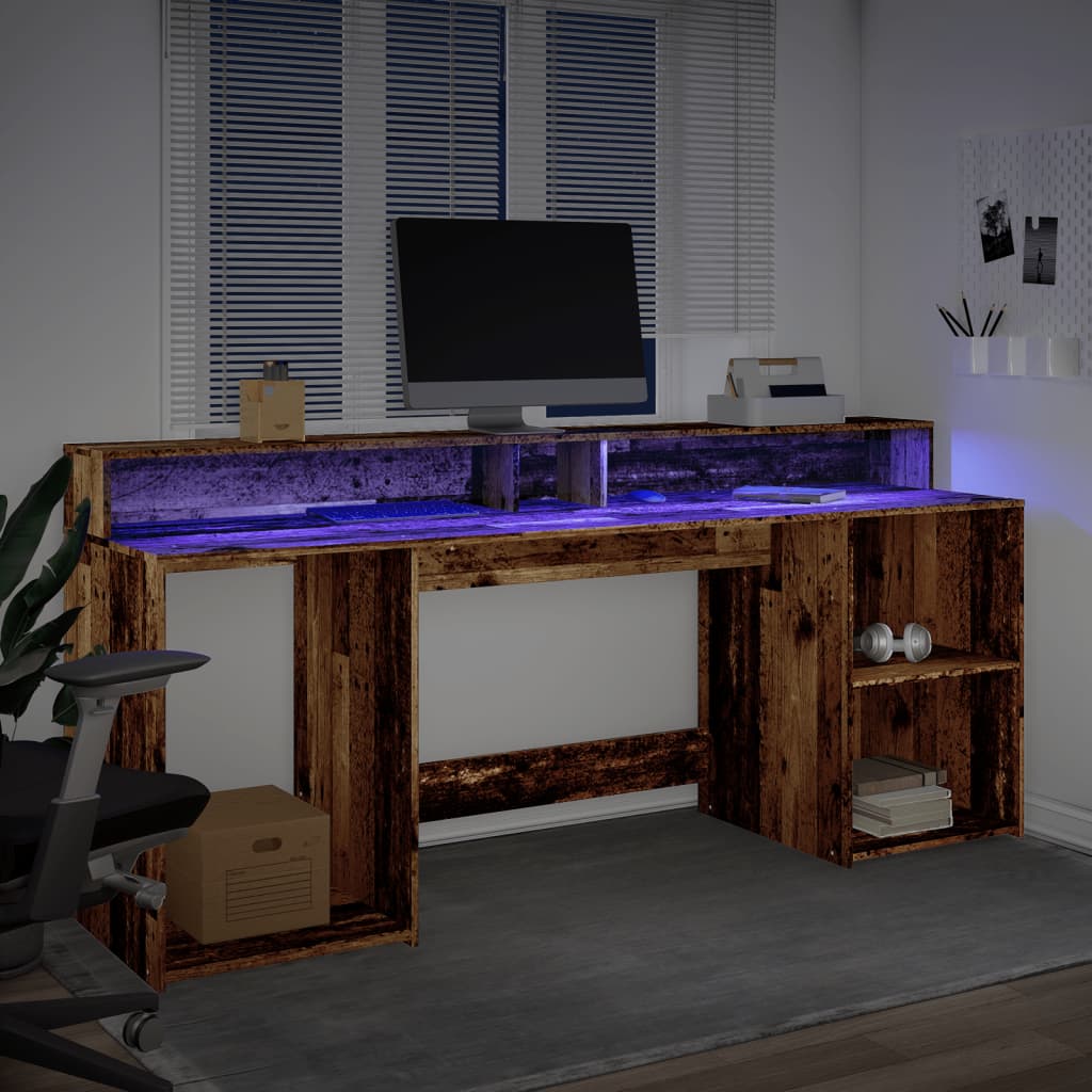Skrivebord med LED-lys gammelt tre 200x55x91 cm konstruert tre