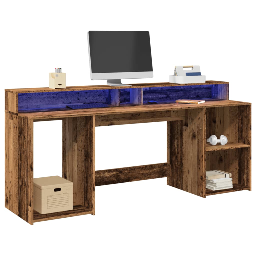 Skrivebord med LED-lys gammelt tre 200x55x91 cm konstruert tre