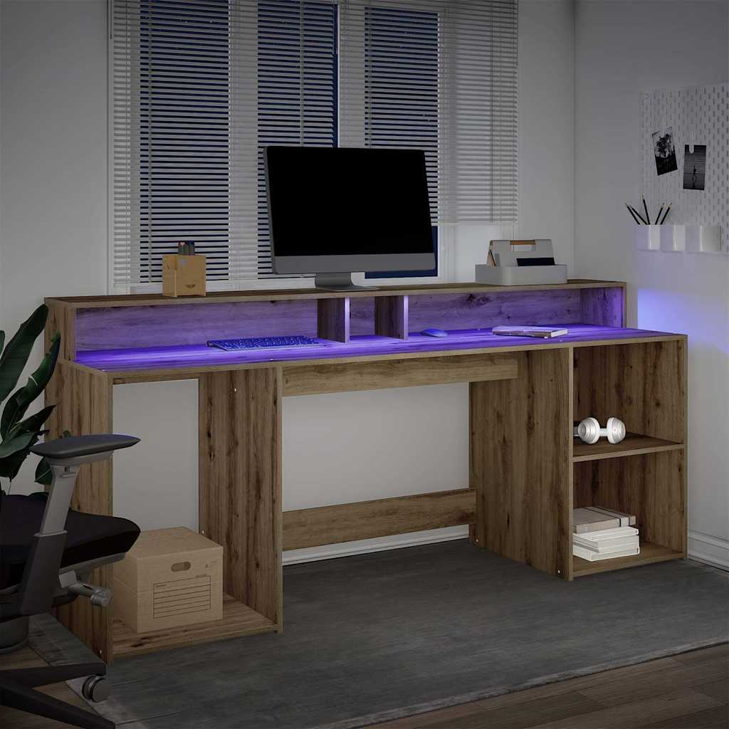 Skrivebord med LED-lys artisan eik 200x55x91 cm konstruert tre