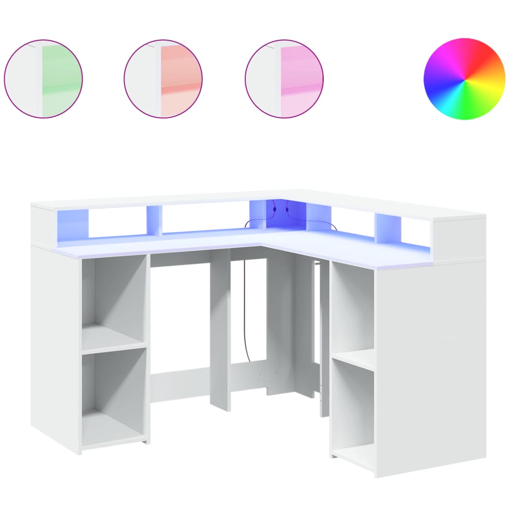 Skrivebord med LED-lys hvit 130x130x91 cm konstruert tre