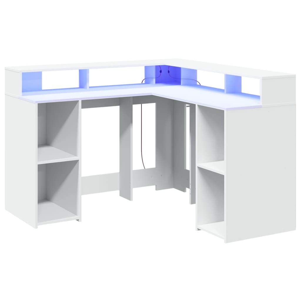 Skrivebord med LED-lys hvit 130x130x91 cm konstruert tre
