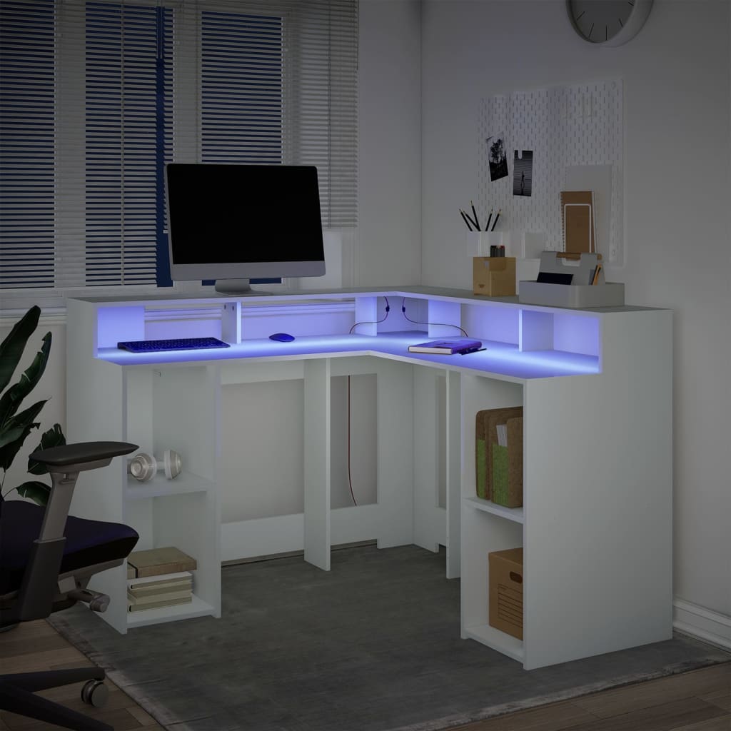 Skrivebord med LED-lys hvit 130x130x91 cm konstruert tre