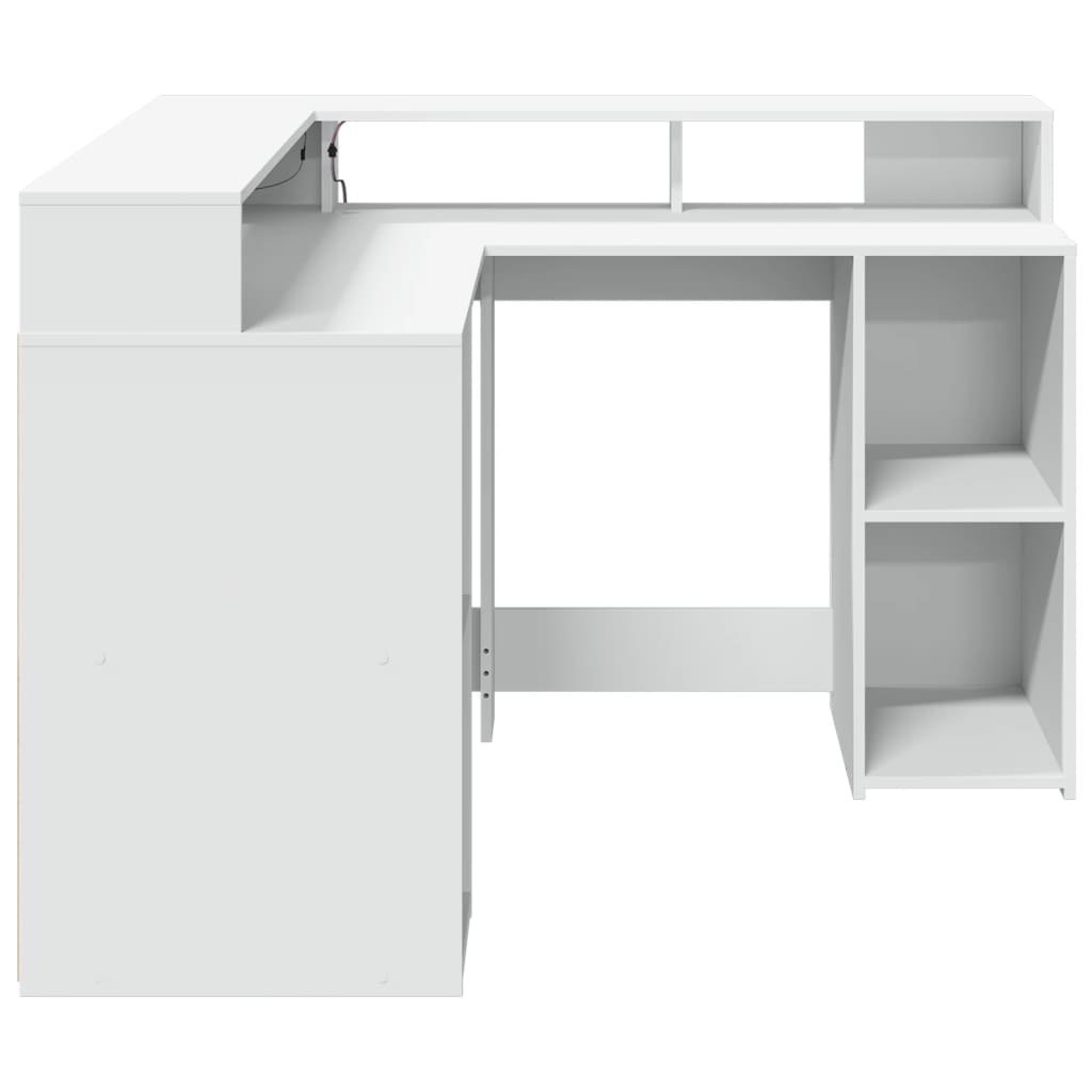 Skrivebord med LED-lys hvit 130x130x91 cm konstruert tre