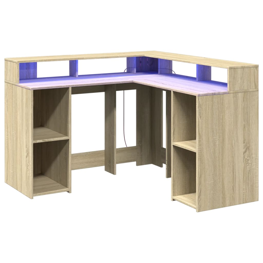 Skrivebord med LED-lys sonoma eik 130x130x91 cm konstruert tre
