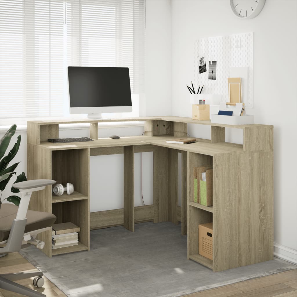 Skrivebord med LED-lys sonoma eik 130x130x91 cm konstruert tre