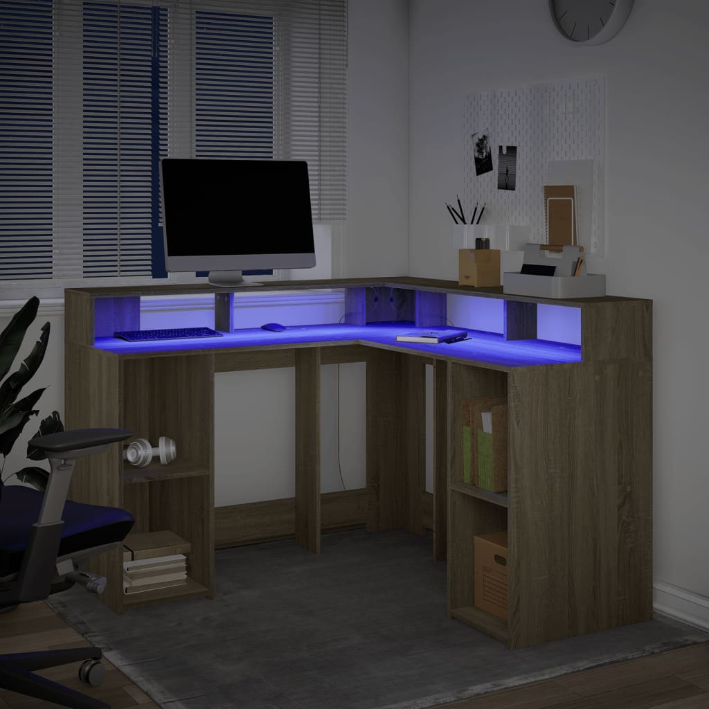Skrivebord med LED-lys sonoma eik 130x130x91 cm konstruert tre