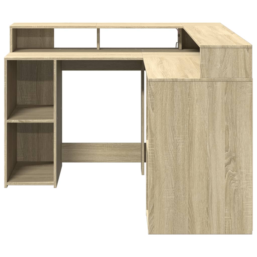 Skrivebord med LED-lys sonoma eik 130x130x91 cm konstruert tre