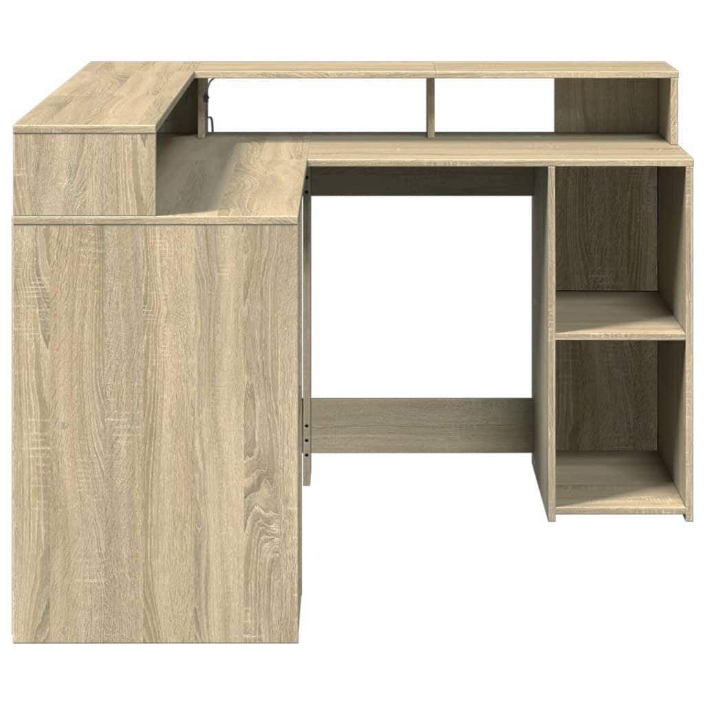 Skrivebord med LED-lys sonoma eik 130x130x91 cm konstruert tre