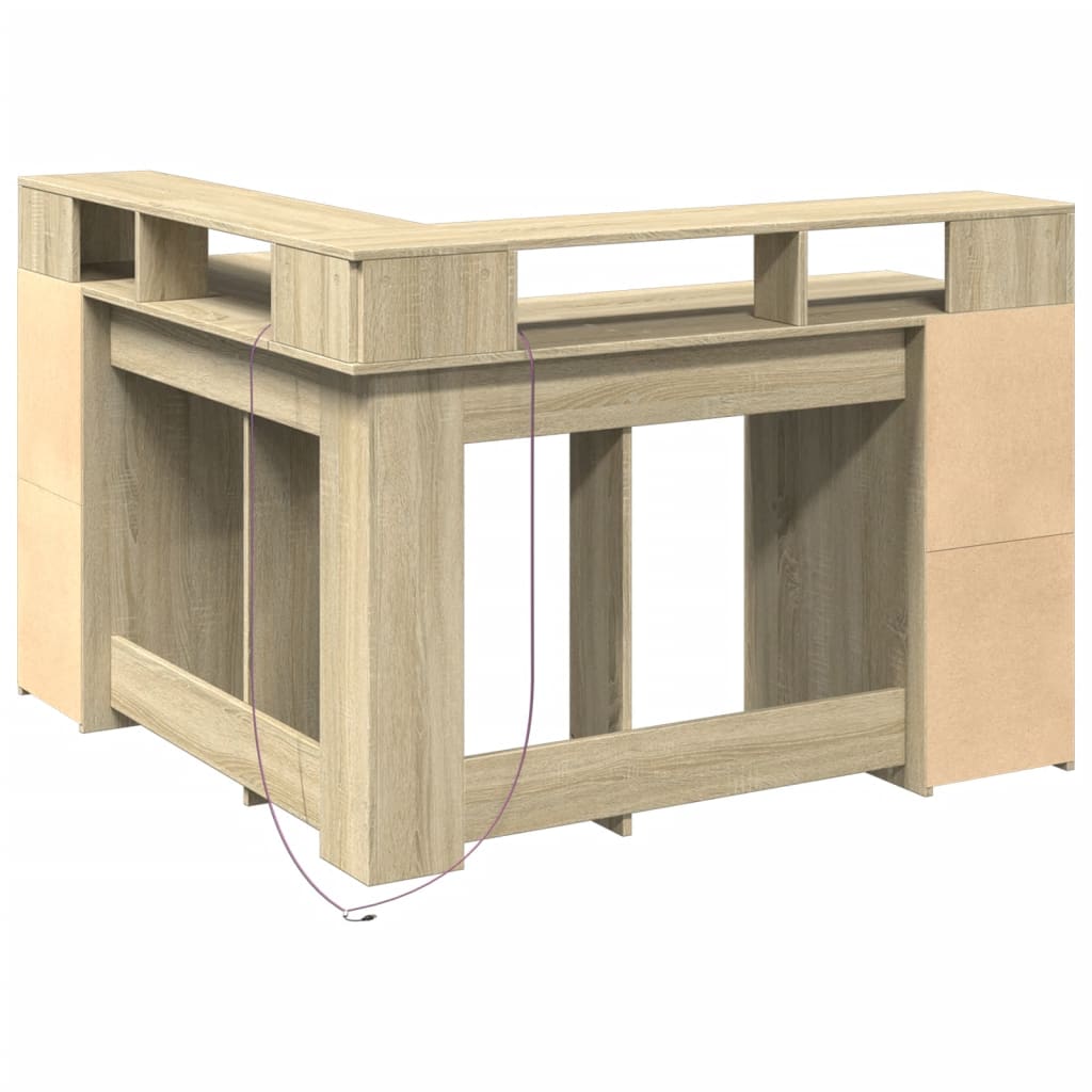 Skrivebord med LED-lys sonoma eik 130x130x91 cm konstruert tre