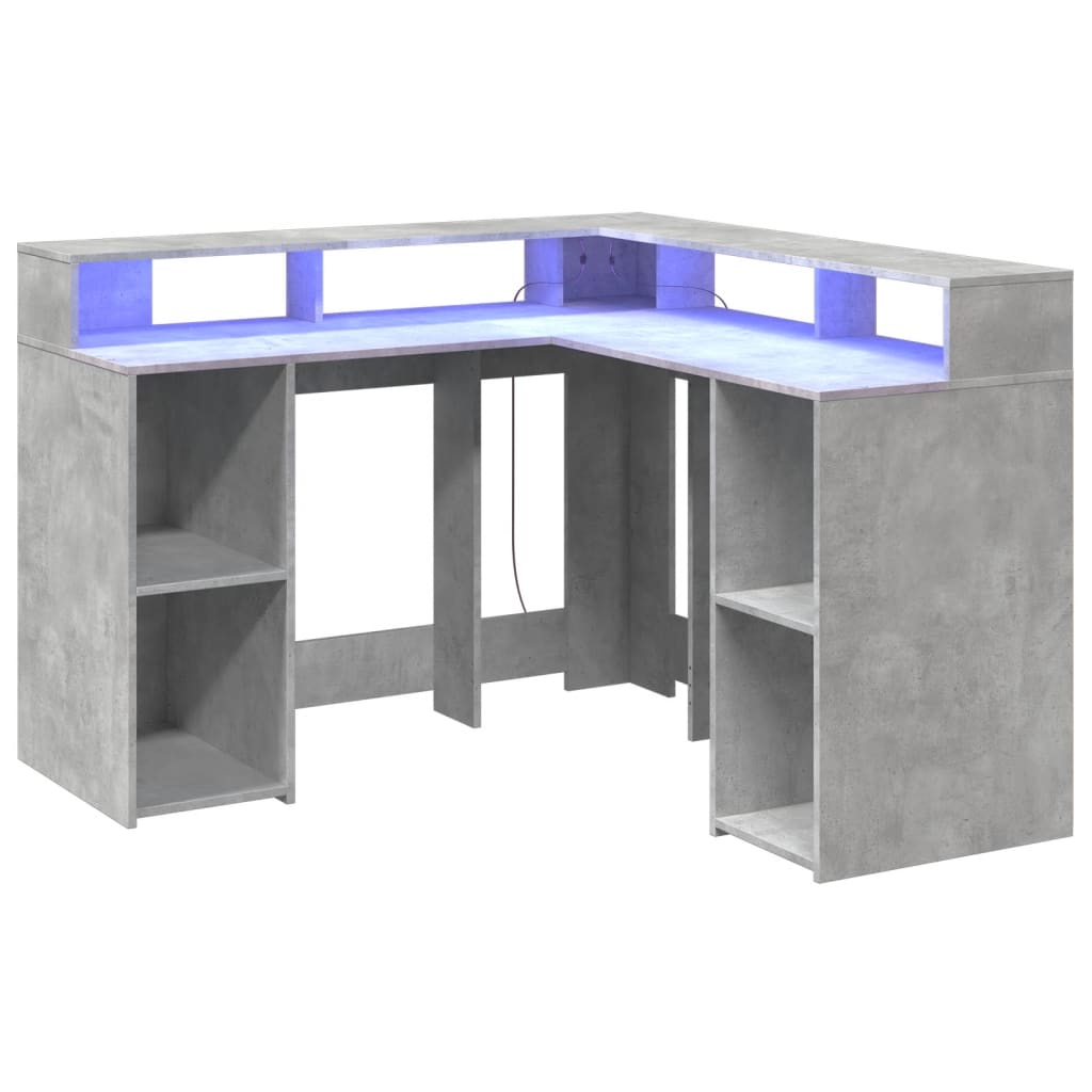 Skrivebord med LED-lys betonggrå 130x130x91 cm konstruert tre