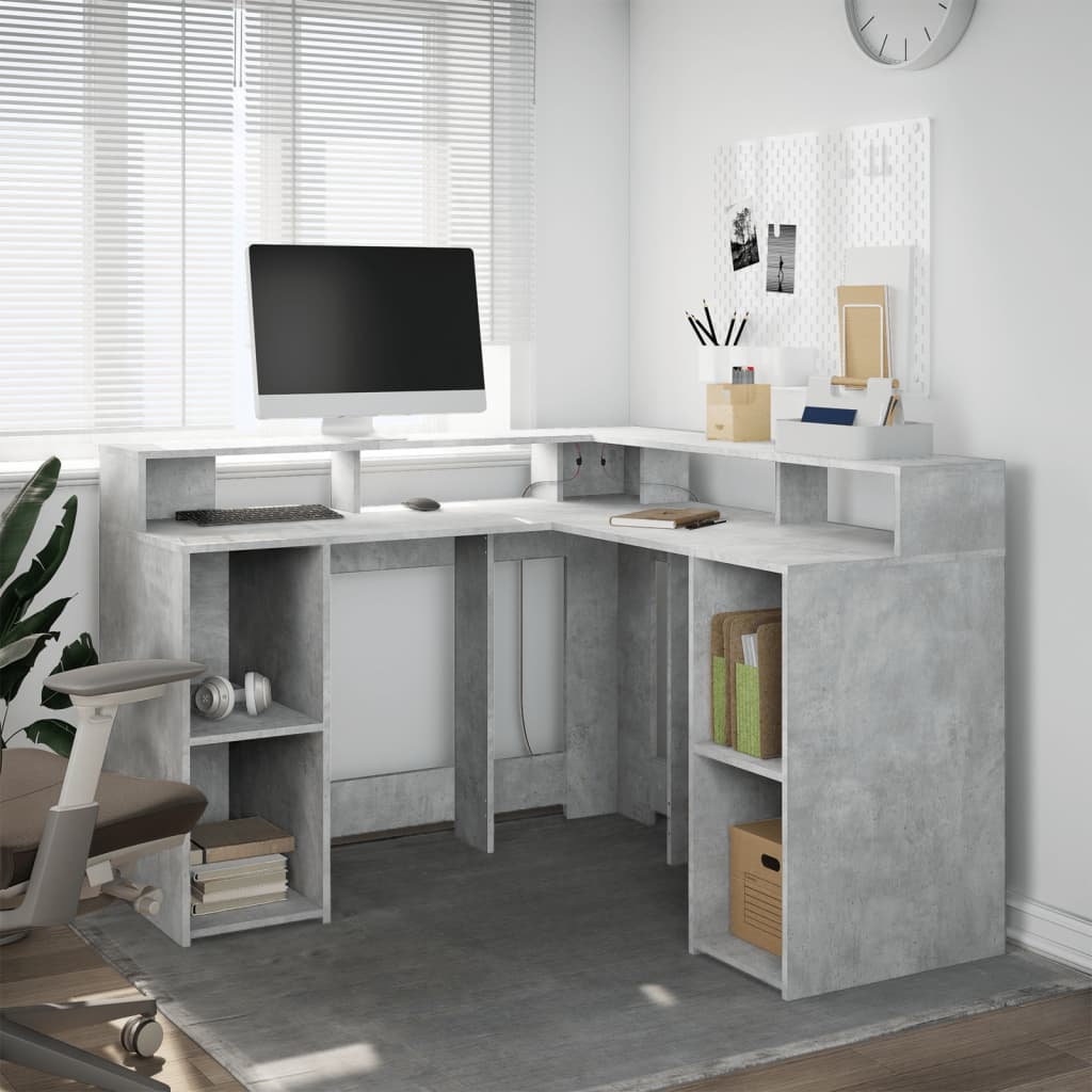 Skrivebord med LED-lys betonggrå 130x130x91 cm konstruert tre