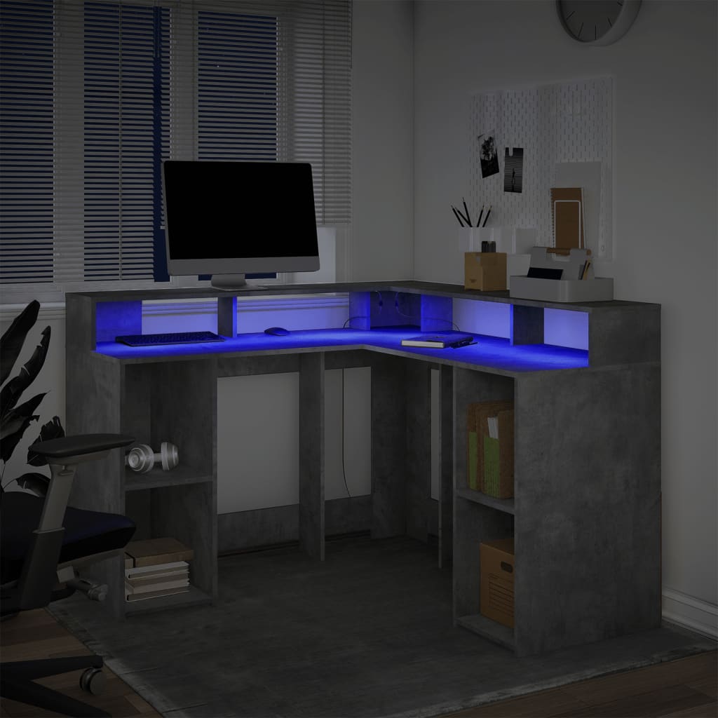 Skrivebord med LED-lys betonggrå 130x130x91 cm konstruert tre