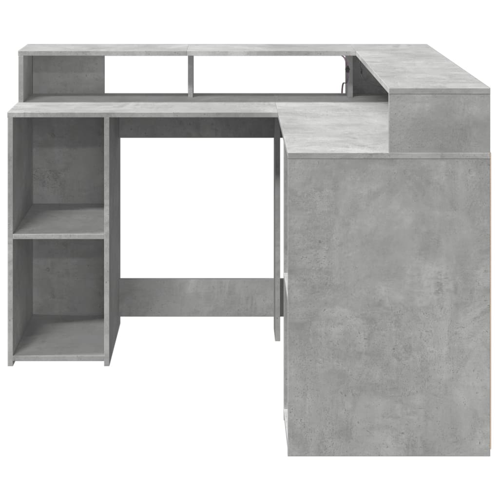 Skrivebord med LED-lys betonggrå 130x130x91 cm konstruert tre