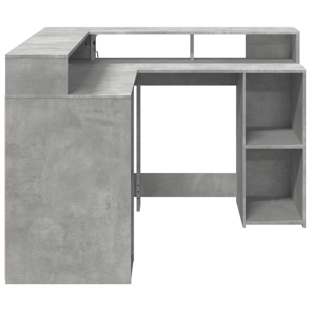Skrivebord med LED-lys betonggrå 130x130x91 cm konstruert tre