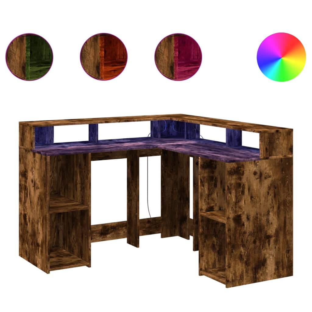 Skrivebord med LED-lys røkt eik 130x130x91 cm konstruert tre