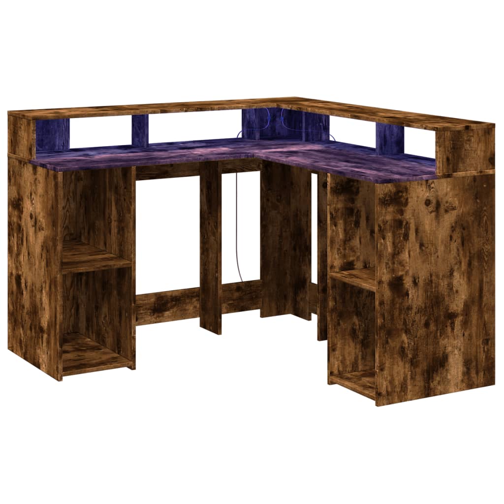 Skrivebord med LED-lys røkt eik 130x130x91 cm konstruert tre